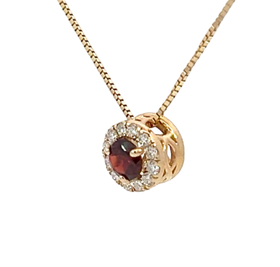 Round Garnet slide pendant with halo of diamonds totaling .17ct, 14k yellow gold n 18 inch box link chain with lobster clasp