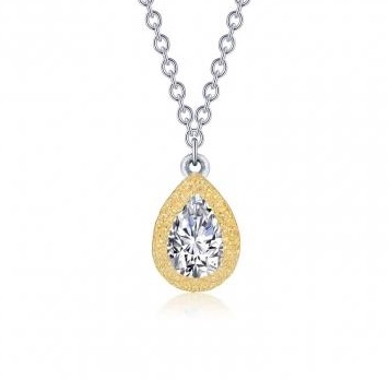 Brushed small pear pendant with .55ctw Lassaire SIMULATED diamond in center of yellow gold bonded sterling silver, 20 inches, movable clasp